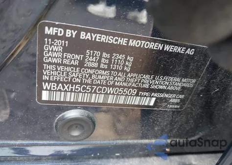 2012 BMW 528I xDrive из США, поврежденный, VIN WBAXH5C57CDW05509